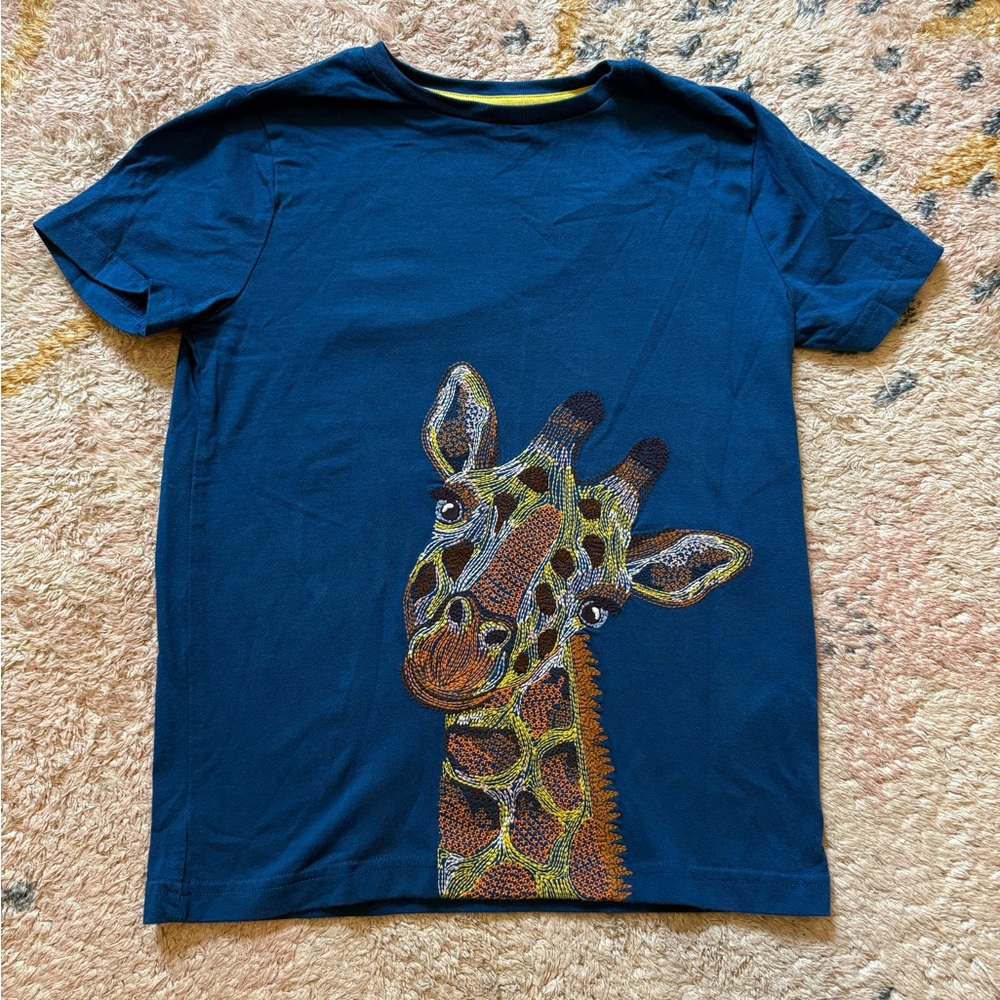 Mini Boden Boys Embroidered Stitched Giraffe Shirt Blue 8-9Y